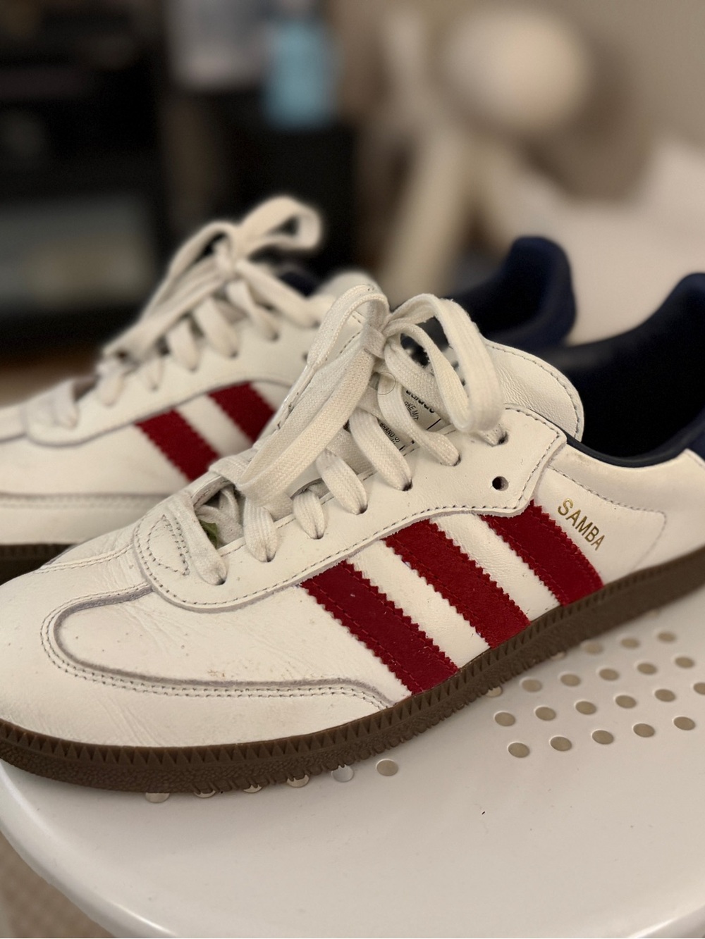 adidas Samba Sneakers - White with Red Stripes Blue collar